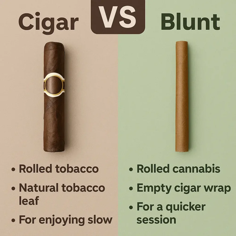 Side-by-side infographic comparing a traditional cigar and a hand-rolled blunt with key differences in purpose, content, and use.