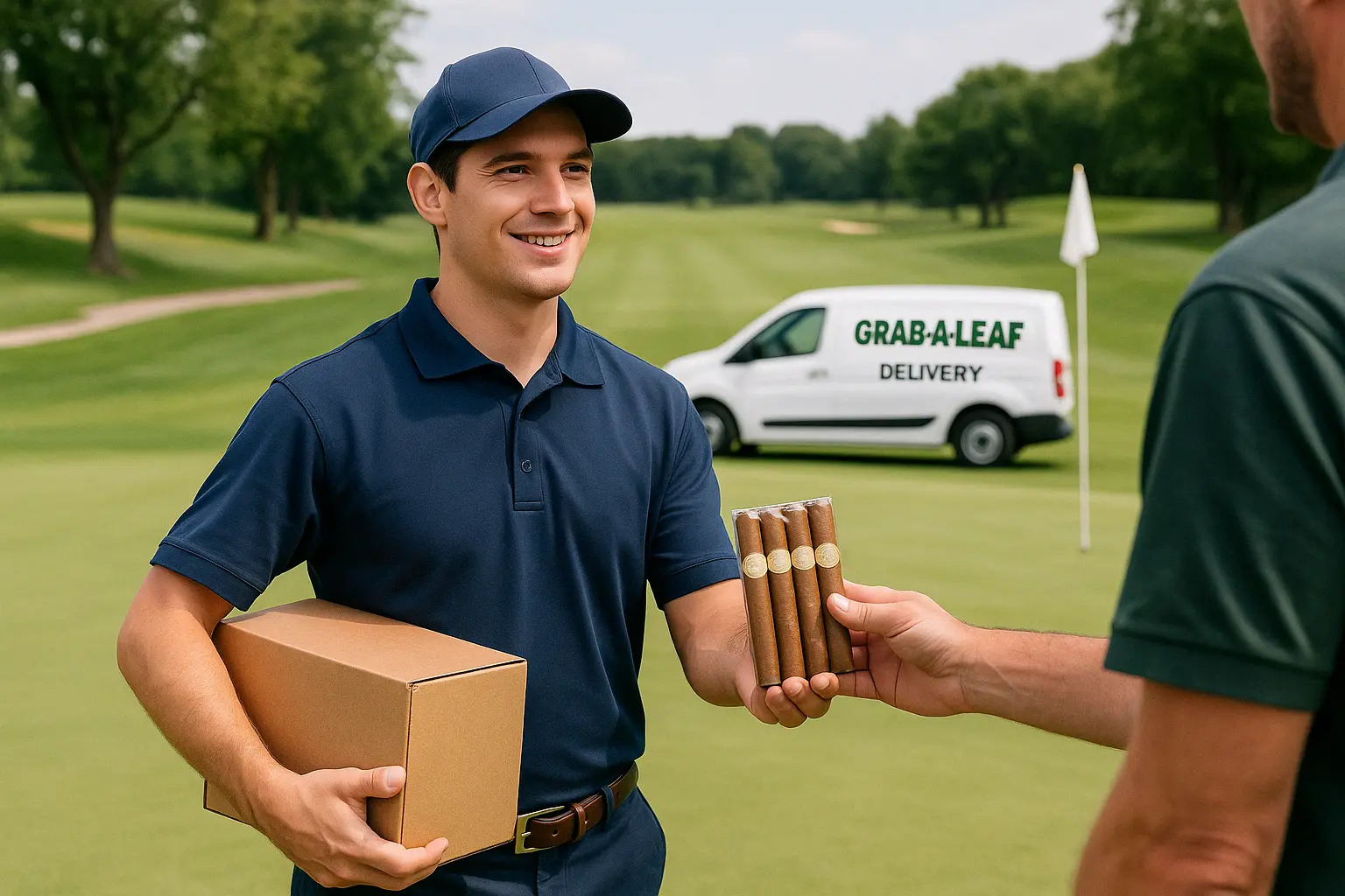 Grab A Leaf Delivery person on golf course dropping off cigars.