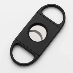 Black double blade cigar cutter for 54 gauge cigars, featuring stainless steel blades and a compact, ergonomic plastic design on a white background.