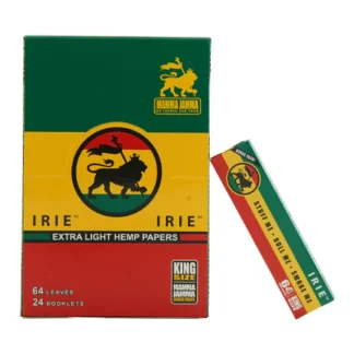 Closed box of Irie Extra Light Hemp Papers, King Size, with Green, Yellow and red Original Box.