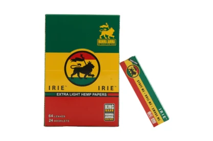 Closed box of Irie Extra Light Hemp Papers, King Size, with Green, Yellow and red Original Box.