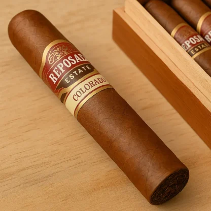Reposado Robusto Colorado cigars in open box display.
