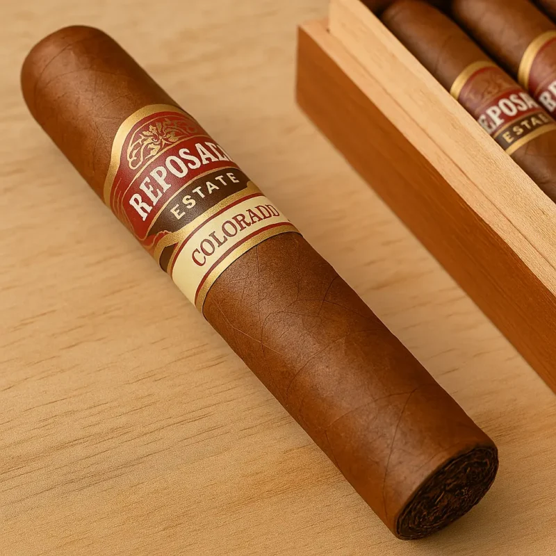 Reposado Robusto Colorado cigars in open box display.