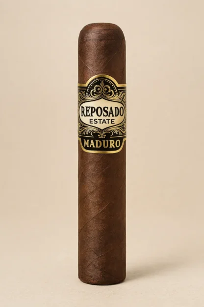 Reposado Maduro Robusto cigar close-up.