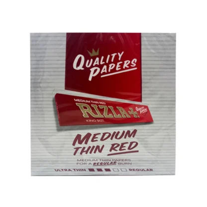 A box of Rizzla+ Medium Thin Rolling Paper.