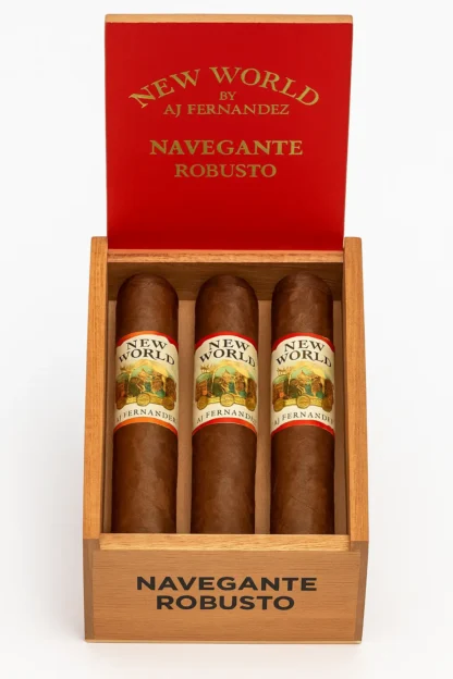 A photograph showcases a three-pack of Navegante Robusto cigars by AJ Fernandez in an open wooden box with a red lid and gold embossed branding, featuring dark Ecuadorian wrappers and vibrant New World cigar bands.