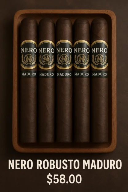 Nero Robusto Maduro 5-Pack cigars on tray with bold bands