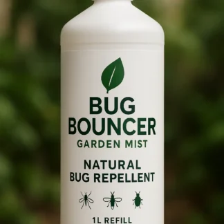 1-liter refill bottle of Bug Bouncer Garden Mist natural bug repellent, featuring green label text and insect icons, set against a garden background.