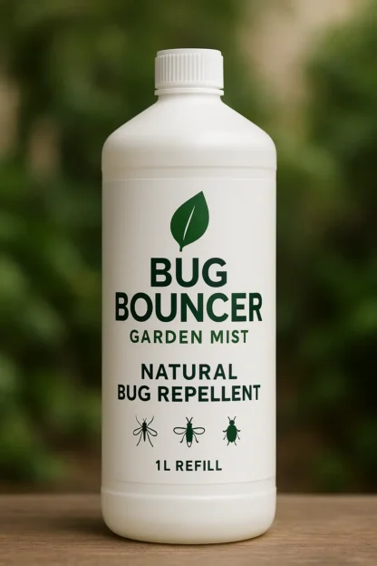 1-liter refill bottle of Bug Bouncer Garden Mist natural bug repellent, featuring green label text and insect icons, set against a garden background.