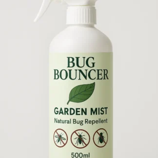 Bug Bouncer Garden Mist 500ml spray bottle with green label, featuring a leaf icon and pest symbols for mosquitoes, gnats, and aphids. Natural outdoor bug repellent.