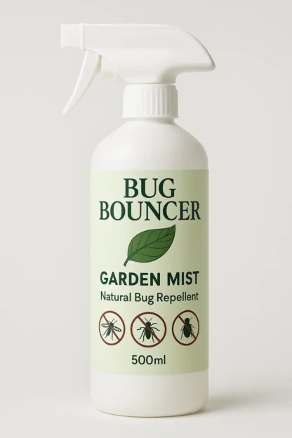 Bug Bouncer Garden Mist 500ml spray bottle with green label, featuring a leaf icon and pest symbols for mosquitoes, gnats, and aphids. Natural outdoor bug repellent.