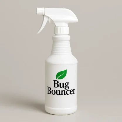 White Uline-style spray bottle with Bug Bouncer logo and green leaf icon, set against a neutral background. Minimalist natural bug repellent packaging.