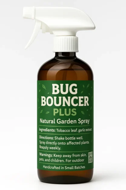 Bug Bouncer Plus premium garden spray bottle with natural pest control label, garlic leaf blend, and eco-friendly design