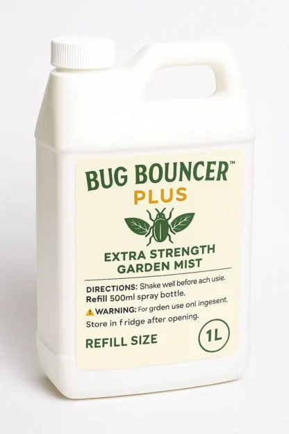 Angled side view of Bug Bouncer™ Plus 1L Refill in a white Uline-style jug, featuring natural pest spray labeling, usage instructions, and eco-friendly branding.
