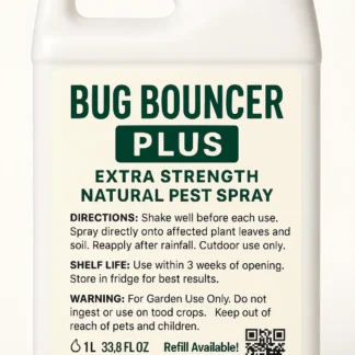 A 1-liter white plastic jug of Bug Bouncer™ Plus Premium Refill, featuring a labeled front with usage directions, eco-friendly warnings, and a natural garden spray logo. Ideal for refilling garden pest control bottles.