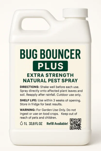 A 1-liter white plastic jug of Bug Bouncer™ Plus Premium Refill, featuring a labeled front with usage directions, eco-friendly warnings, and a natural garden spray logo. Ideal for refilling garden pest control bottles.
