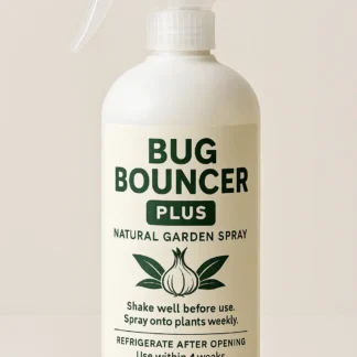 A 500ml spray bottle labeled “Bug Bouncer Plus,” a premium handcrafted natural garden spray. The bottle is set against a clean background, highlighting its bold design and eco-friendly appeal.