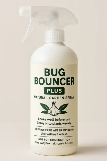 A 500ml spray bottle labeled “Bug Bouncer Plus,” a premium handcrafted natural garden spray. The bottle is set against a clean background, highlighting its bold design and eco-friendly appeal.
