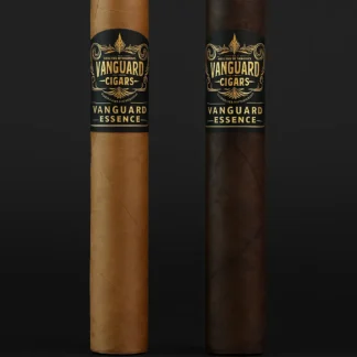 A digital photograph displays two Vanguard Essence cigars side by side — one with a light Connecticut wrapper and the other with a dark Maduro wrapper, both in 5 x 56 size, showcasing premium Dominican craftsmanship.