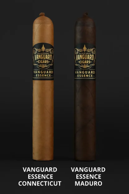 A digital photograph displays two Vanguard Essence cigars side by side — one with a light Connecticut wrapper and the other with a dark Maduro wrapper, both in 5 x 56 size, showcasing premium Dominican craftsmanship.