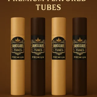 Promotional banner showing Vanguard Premium Flavored Tubes in Russian Cream, Vanilla, Coffee, and Chocolate with "Mixed Berry Coming Soon" label.