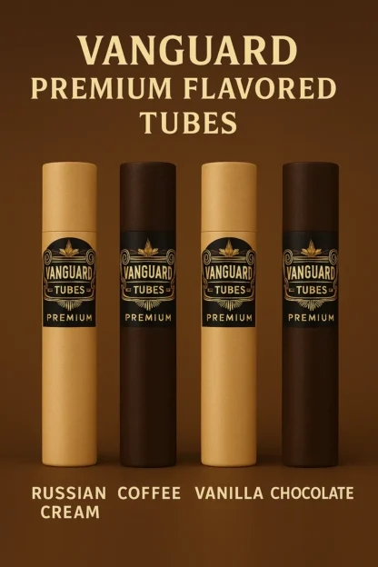 Promotional banner showing Vanguard Premium Flavored Tubes in Russian Cream, Vanilla, Coffee, and Chocolate with "Mixed Berry Coming Soon" label.