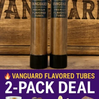 Vanguard Premium Flavored Tubes 2-Pack Deal featuring Chocolate and Russian Cream cigars in glass tubes, with flavor visuals of cocoa and whipped cream on a rustic wood display background.