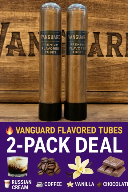 Vanguard Premium Flavored Tubes 2-Pack Deal featuring Chocolate and Russian Cream cigars in glass tubes, with flavor visuals of cocoa and whipped cream on a rustic wood display background.