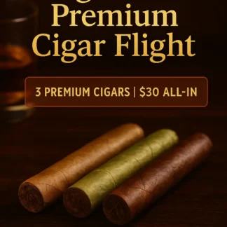 Beginner’s Premium Cigar Flight featuring three cigars – Connecticut, Candela, Habano – with whisky glass on wood background. $30 all-in sampler for new cigar smokers.