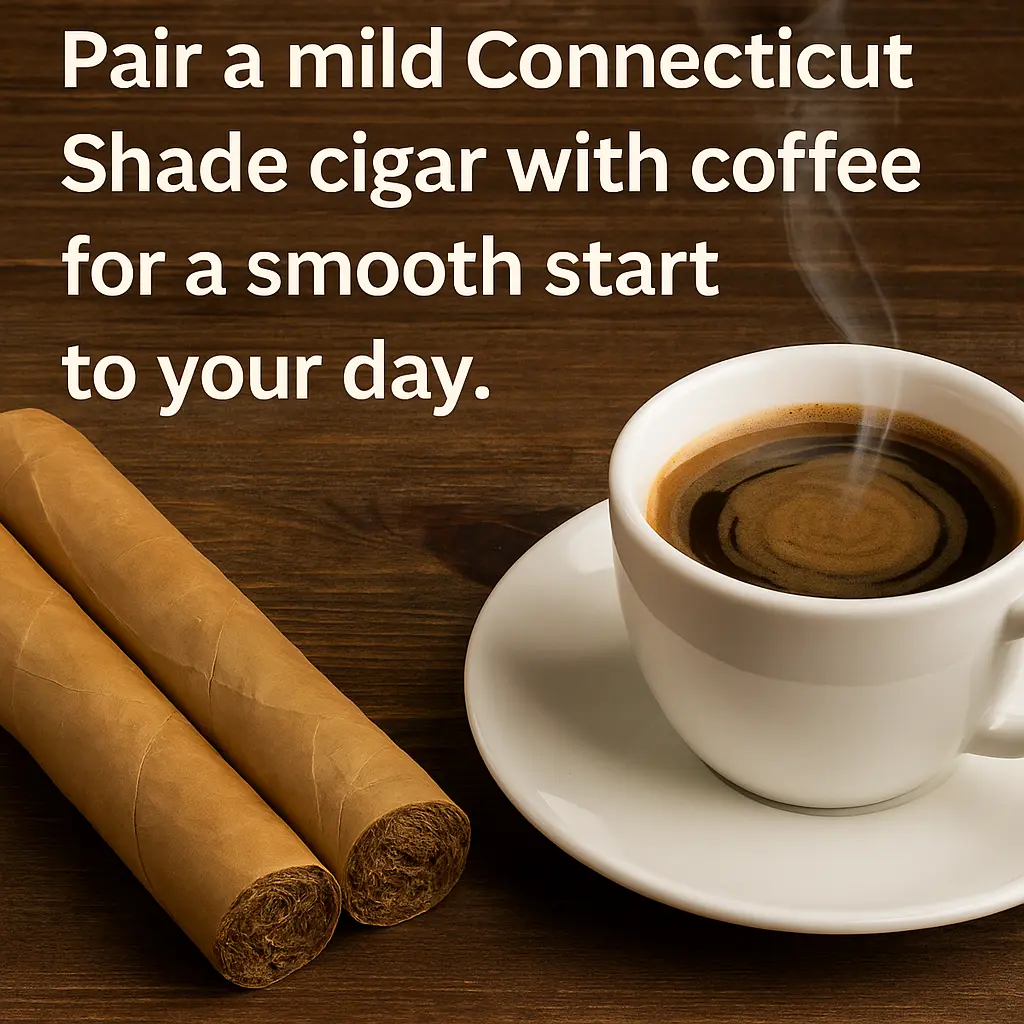 Connecticut Shade cigars paired with a steaming cup of coffee on a wooden table, with text suggesting a smooth start to the day
