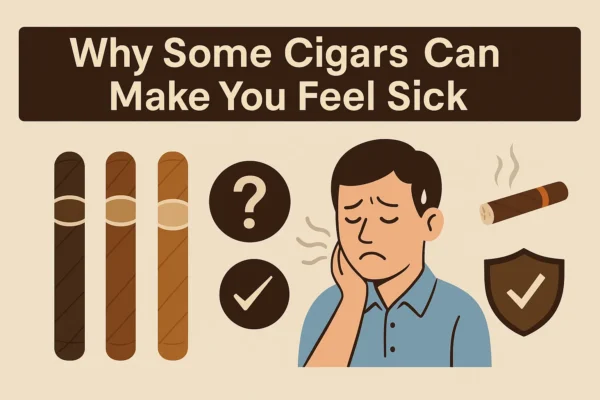Infographic showing why some cigars can make you feel sick, with illustrations of different cigar wrappers, a man looking unwell, a question mark, a lit cigar, and a shield with a checkmark.